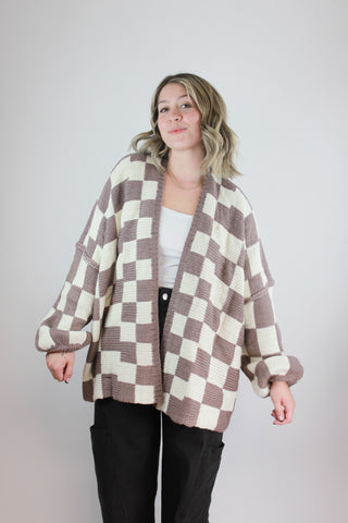 In Check Oversized Cardigan (Taupe)