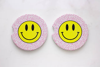 Pink Spots + Yellow Happy Face Car Coasters